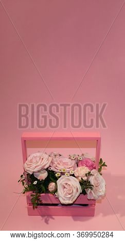 Postcard Template, Copy Speys- Pink Roses In A Basket On A Pink Background