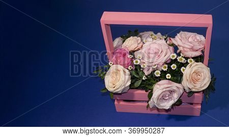 Postcard Template, Copy Speys- Pink Roses In A Basket On A Blue Background