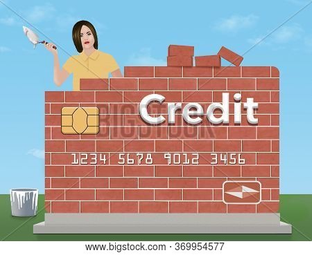A Young Woman Holds A Trowel And Mortar As She Rebuilds A Brick Credit Card Outdoors. The Theme Is R