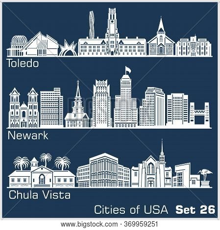 Cities Of Usa - Toledo, Newark, Chula Vista. Detailed Architecture. Trendy Vector Illustration.