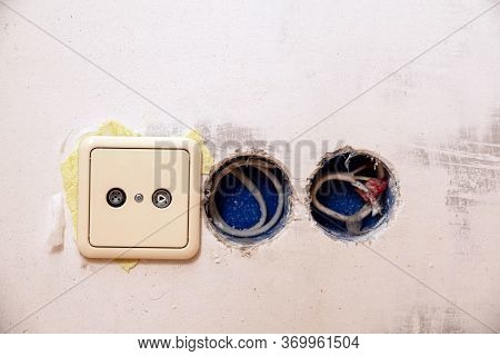 Row Of Electric Outlet Set In Bedroom Wall, Tv Outlet , Cable Outlet And Electronic Plug With Asia S