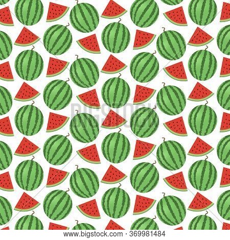 Watermelon Seamless Pattern. Vector Illustration. Whole Watermelon And Slice On A White Background