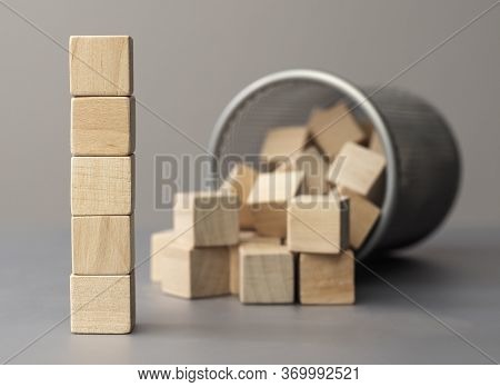 A Pile Of Empty Wood Block On Table. Top View. Business Concept For Growth Success Process. Copy Spa