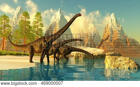 Sauroposeidon Tall Giants 3d Illustration - Majestic Snow Capped Mountains Overlook A Blue Lake With