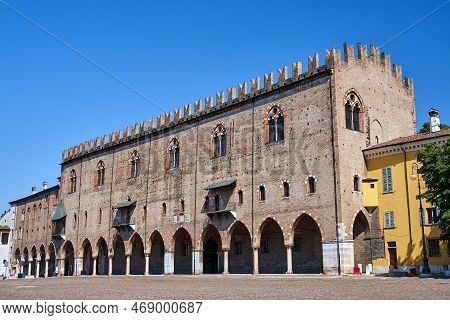 Historic Brick Building With Portico And Windows, Palazzo Del Capitano In The City Of Mantua, Italy