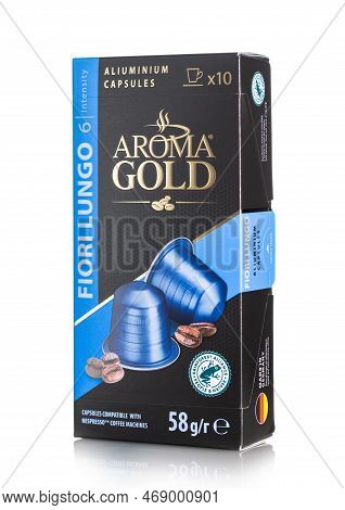 London, Uk - December 15, 2022: Aroma Gold Flori Lungo Aluminium Coffee Capsules Pods On White.