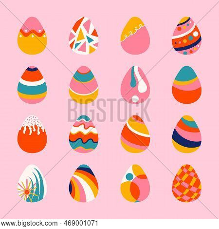 Easter Eggs Collection Vector Illustration Isolated On Pink
