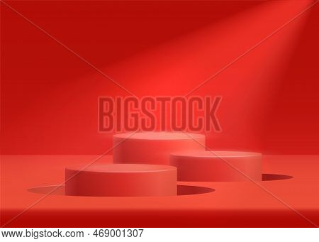 Red Scene Background With 3d Stage Podium Minimal Style Realistic Vector Illustration. Pedestal For 