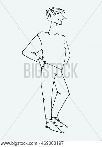 Figure Of A Young Man Waving. Flat Style, Isolated Vector Element