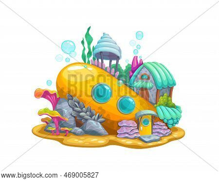 Underwater Cartoon Sunken Submarine House Building. Vector Sub Boat Dwelling With Portholes, Roof, D