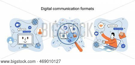 Digital Communication Formats Metaphor, Content Online Data And Social Media Streaming. Abstract Mod