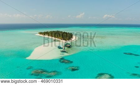 Sand Beach And Tropical Islands By Atoll With Coral Reef, Top View. Onok Island, Balabac, Philippine