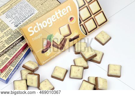 Kyiv, Ukraine - May 4, 2022 Schogetten Chocolate. Chocolate Goods Produced By Ludwig Schokolade Gmbh