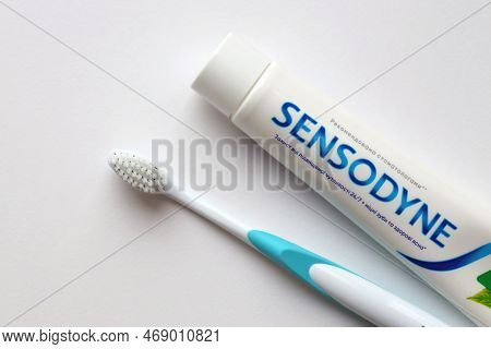 Kyiv, Ukraine - May 4, 2022 Sensodyne Fluorine Or Fluor Is A Daily Fluoride Toothpaste That Helps Pr