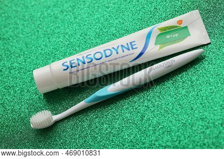 Kyiv, Ukraine - May 4, 2022 Sensodyne Fluorine Or Fluor Is A Daily Fluoride Toothpaste That Helps Pr