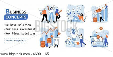 We Have Solution Metaphor, Business Investment, New Ideas Solution Scenes Set. Teamwork And Brainsto