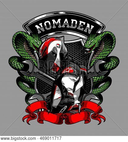 Two Tails Flanking The Biker Background Shield