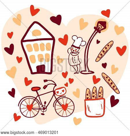 A Sleepy Cook And A Bicycle In Love Heart-shaped Pattern For Valentine Day. Perfect Print For T-shir