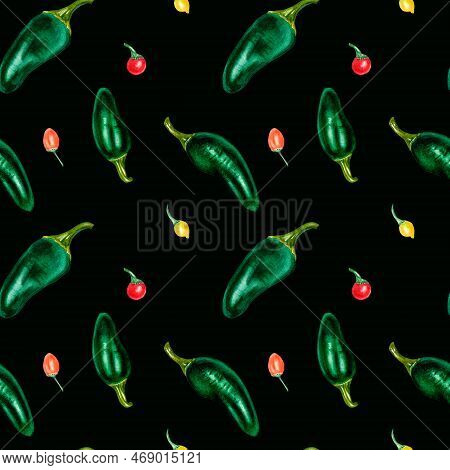 Jalapeno And Little Peppers. Watercolor Seamless Pattern Isolated On Dark.