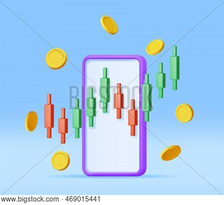 3d Growth Stock Diagram On Mobile Phone. Render Stock Candle On Smartphone Shows Growth Or Success. 