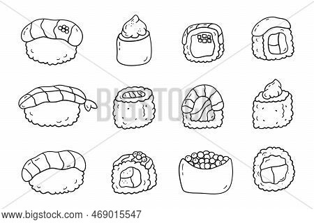 Doodle Set Of Sushi And Rolls. Vector Illustration Asian Food In Linear Drawing Style On White Backg