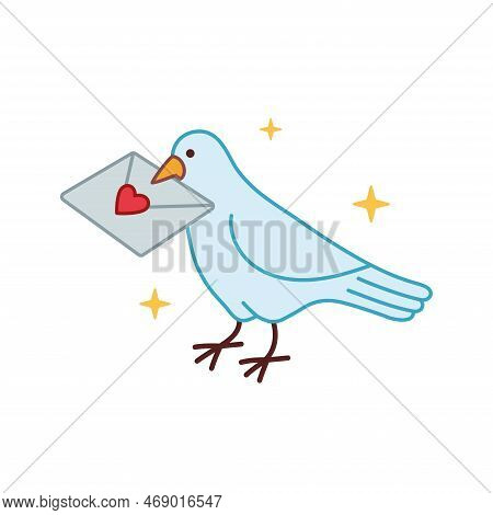 Carrier Pigeon With A Letter In Its Beak. Love Letter Envelope Sent By Dove Mail For Messages Of Lov