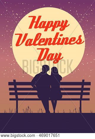 Silhouette Loving Couple On The Bench At Night. Happy Valentines Day Poster