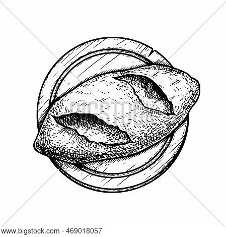 Loaf Of Bread On The Cutting Wooden Board. Hand Drawn Sketch Style. Top View. Fresh Bakery Product. 