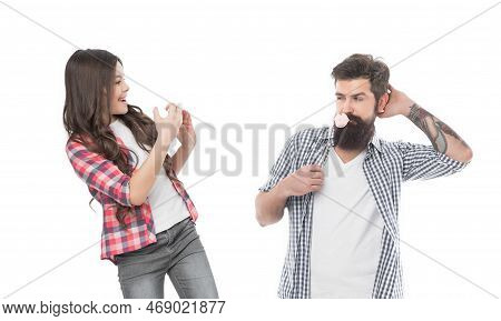 Bearded Man Father With Photobooth Lips Pose For Girl Child Taking Photo With Smartphone, Snapshoot