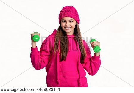 Photo Of Happy Teen Girl Having Fitness Barbells. Teen Girl With Fitness Barbells. Teen Girl