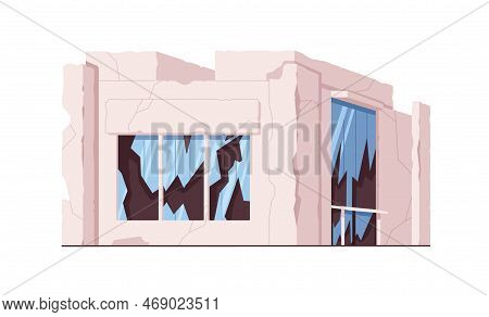 Broken Damaged Building With Destroyed Cracked Walls, Smashed Wrecked Windows, Glass Door. Construct