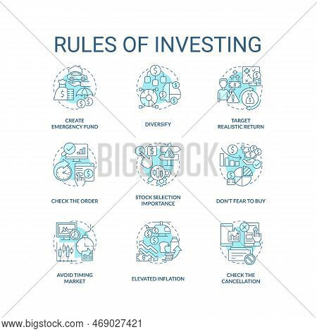 Rules Of Investing Turquoise Concept Icons Set. Money Management. Financial Processes Idea Thin Line