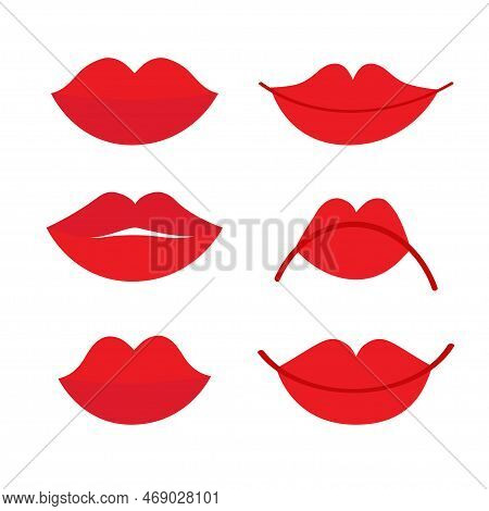 Female Lips Icon Set. Red Lipstick Makeup. Sexy Lip Collection. Woman Girl Mouth Set. White Teeth To