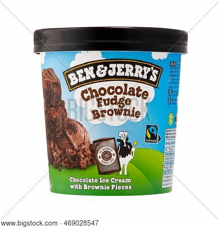 Tallinn, Estonia - January 2023: Ben Jerrys Chocolate Fudge Brownie Ice Cream Isolated On White Back