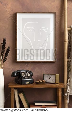 Creative Composition Retro Living Room Interior With Mock Up Poster Frame, Stylish Wooden Consola, V