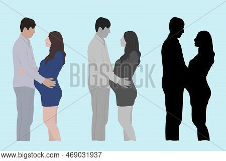Hand Drawing Pregnancy And Maternity Concept. Woman And Man Silhouette.