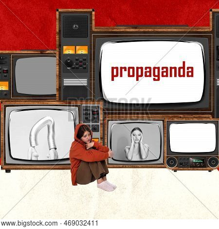 Contemporary Art Collage. Conceptual Design. Sad Young Gil Sitting In Front Of Retro Tv Screens Talk