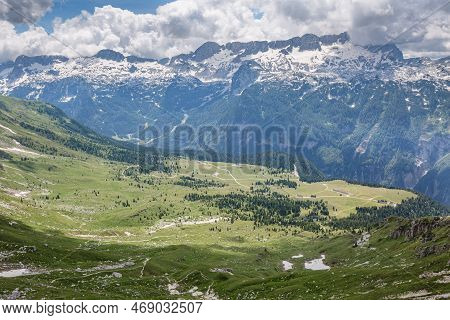 Beautiful Nature. Mountain Hiking Trail Road. Italy Malga Montasio Forca Disteis