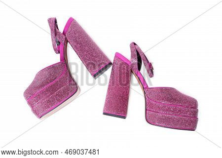 Fashionable Punk Square Toe Ankle Strap Pumps Isolated On White, Top View. Shiny Party Platform High