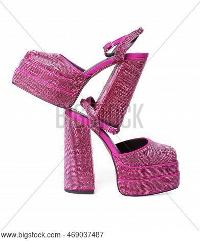 Fashionable Punk Square Toe Ankle Strap Pumps Isolated On White. Shiny Party Platform High Heeled Sh