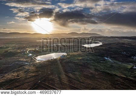 Aerial View Sunset At Lough Fad In County Donegal - Ireland.