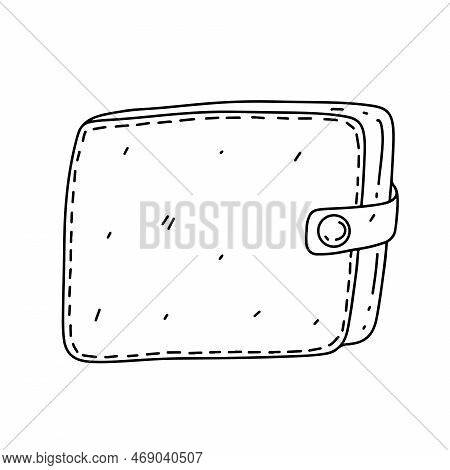 Leather Wallet In Hand Drawn Doodle Style. Money Case. Vector Illustration Isolated On White Backgro