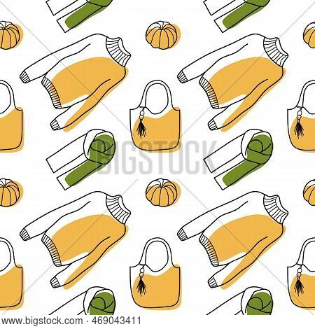 Vector Contur And Color Spot Seamless Pattern Of Winter Clothes