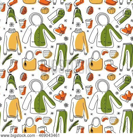 Vector Contur And Color Spot Seamless Pattern Of Winter, Spring Clothes Lineart