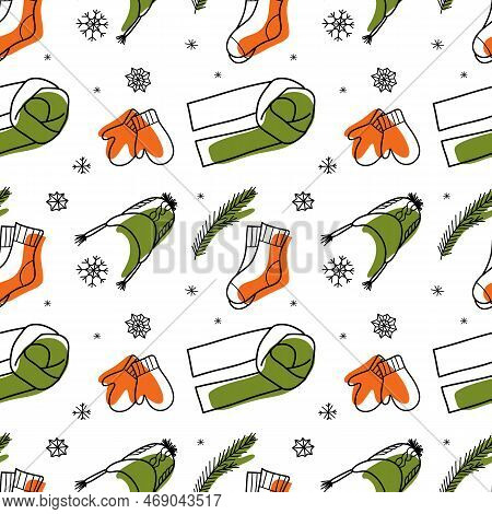 Vector Contur And Color Spot Seamless Pattern Of Winter Clothes Lineart