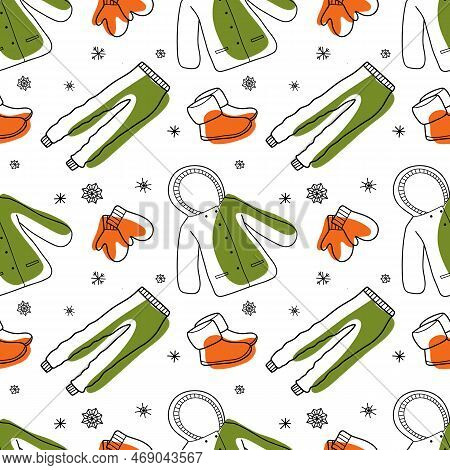 Vector Contur And Color Spot Seamless Pattern Of Winter Clothes Lineart