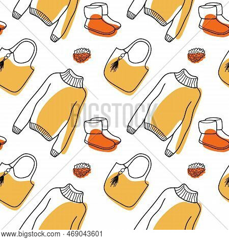 Vector Contur And Color Spot Seamless Pattern Of Winter Clothes Lineart