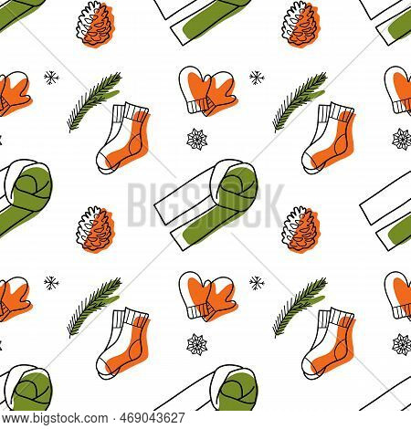 Vector Contur And Color Spot Seamless Pattern Of Winter Clothes Lineart