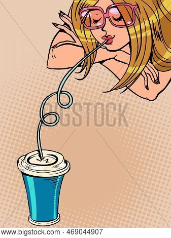 A Woman Drinks A Drink Through A Straw Refreshing Drink. Cola Cocktail Or Juice