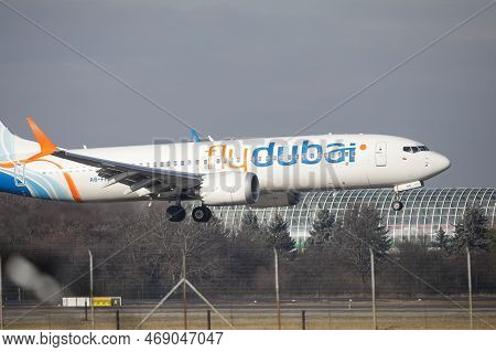 Otopeni, Romania - January 17, 2023: Fly Dubai Airline Plane Landing At The Henri Coanda Internation